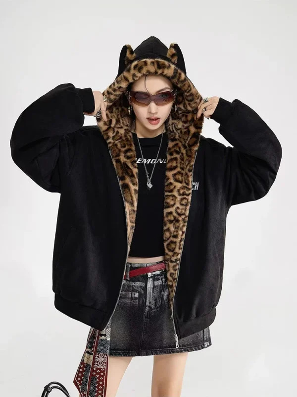 Veste femme léopard à capuche oreilles – Chaude et originale