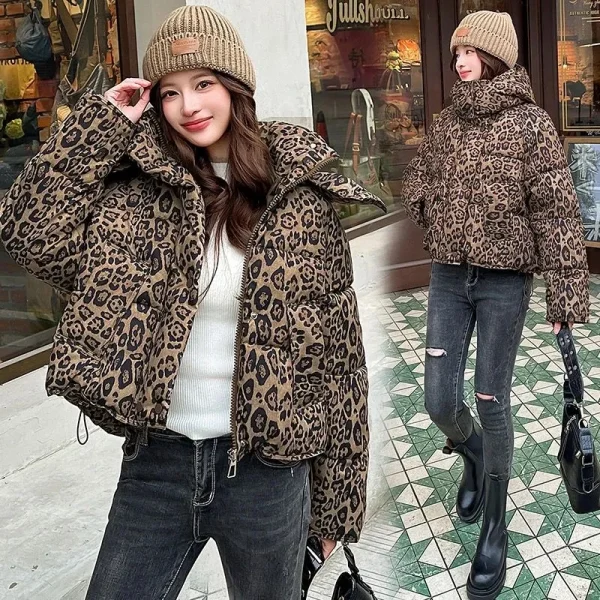 Doudoune courte léopard femme à capuche – Chaude et stylée
