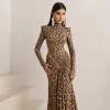 Robe longue léopard femme élégante – Col roulé, dos nu et manches longues