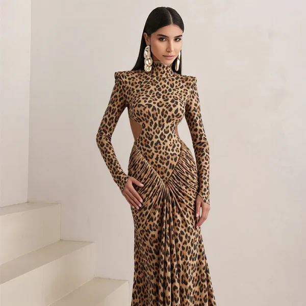 Robe longue léopard femme élégante – Col roulé, dos nu et manches longues