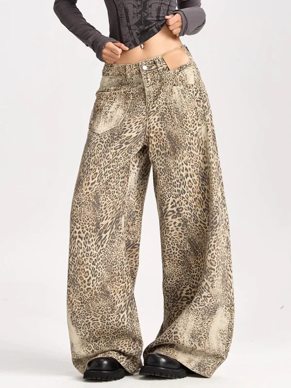 Pantalon léopard femme cargo – taille haute large coupe streetwear