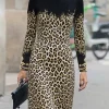 Robe léopard femme vintage – Maxi à manches longues et taille haute