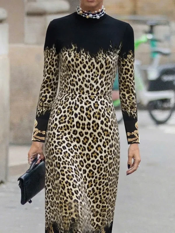 Robe léopard femme vintage – Maxi à manches longues et taille haute