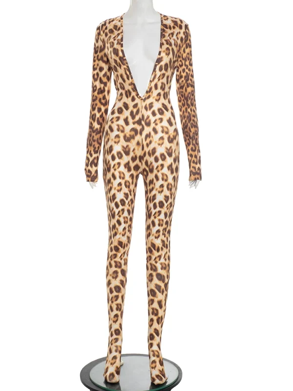 Combinaison léopard femme – Dos nu et col en V sexy