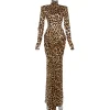 Robe longue léopard femme élégante – Col roulé, dos nu et manches longues
