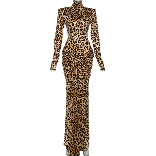 Robe longue léopard femme élégante – Col roulé, dos nu et manches longues