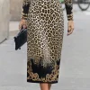 Robe léopard femme vintage – Maxi à manches longues et taille haute