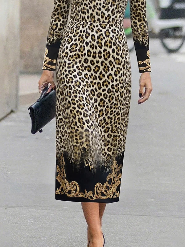 Robe léopard femme vintage – Maxi à manches longues et taille haute