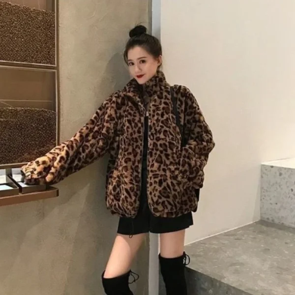 Veste Léopard Femme Oversize en Fausse Fourrure – Style Coréen Chic