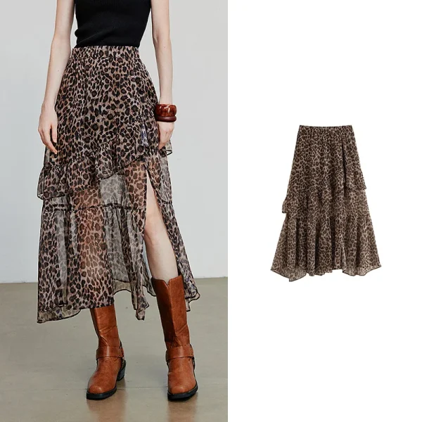 Jupe longue léopard femme fendue en chiffon – Élégante et fluide