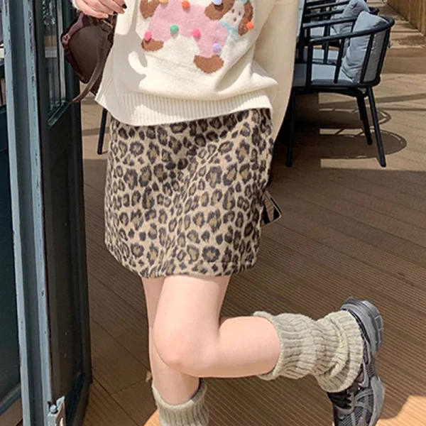 Mini jupe léopard femme hiver – style Y2K rétro épais chaud en laine