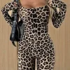 Combinaison femme léopard – Col carré et manches longues slim