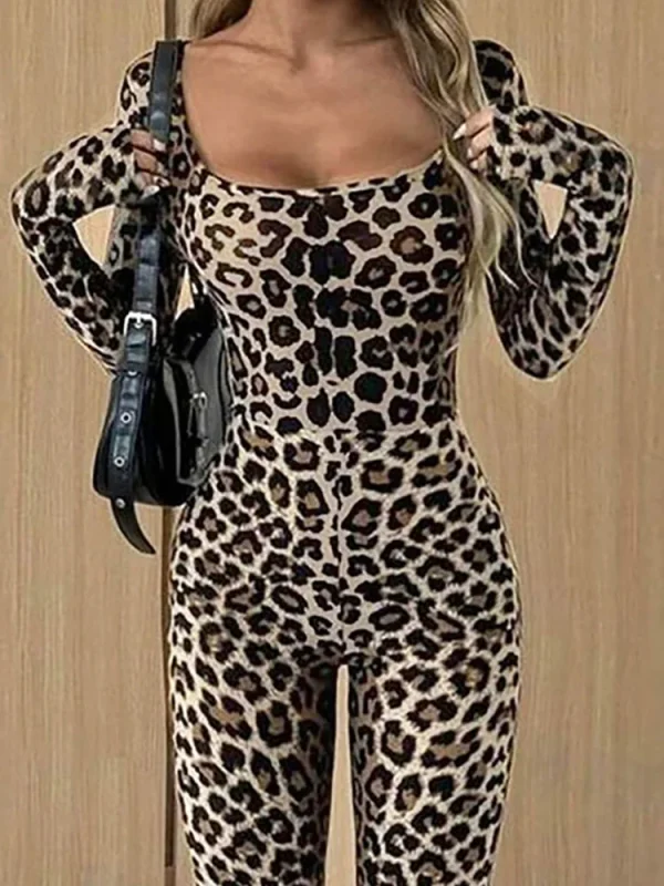 Combinaison femme léopard – Col carré et manches longues slim