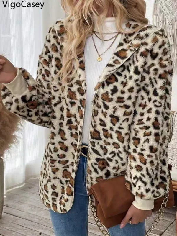 Veste léopard à capuche femme – Manteau chaud en peluche