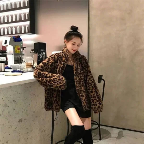 Veste Léopard Femme Oversize en Fausse Fourrure – Style Coréen Chic