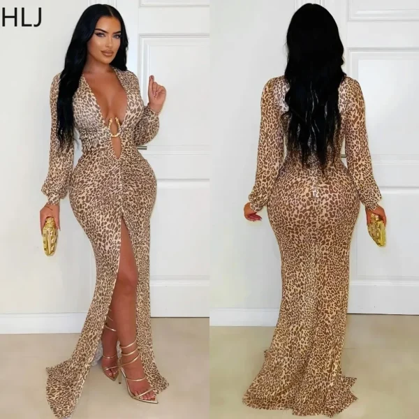 Robe léopard femme bodycon – Col en V profond et fente haute sexy
