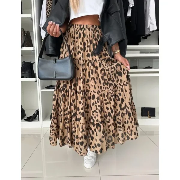 Jupe mi-longue léopard femme taille haute A-line - Elegante et fluide
