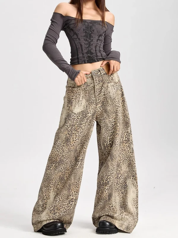 Pantalon léopard femme cargo – taille haute large coupe streetwear