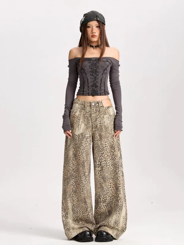 Pantalon léopard femme cargo – taille haute large coupe streetwear