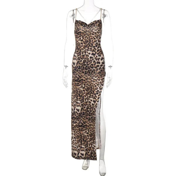 Robe imprimée léopard femme – Dos nu, sans bretelles et fendue élégante
