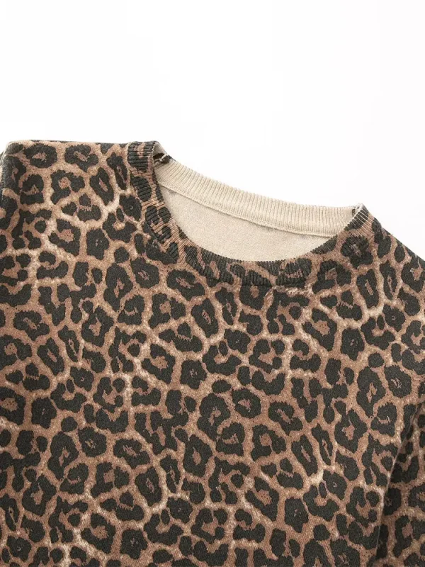 Pull léopard femme col rond tricoté – Mode automne