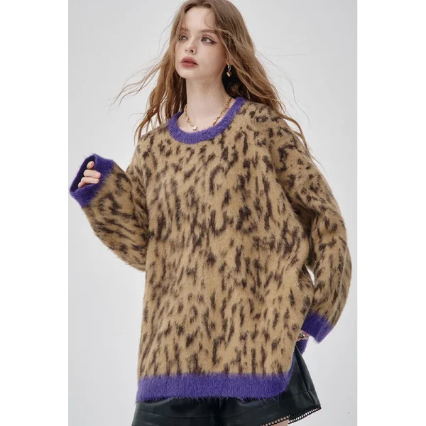Pull léopard oversize col violet femme