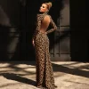 Robe longue léopard femme élégante – Col roulé, dos nu et manches longues