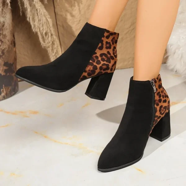 Bottine léopard femme – Boots courtes rétro à talon carré