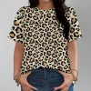 T-shirt léopard femme casual – col rond café léger