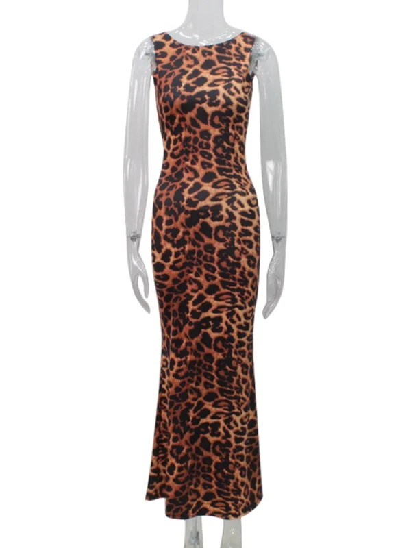 Robe léopard sexy femme – Maxi bodycon dos nu avec col rond