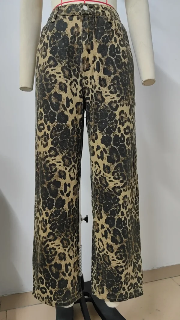 Jean léopard femme vintage – denim droit effet usé streetwear
