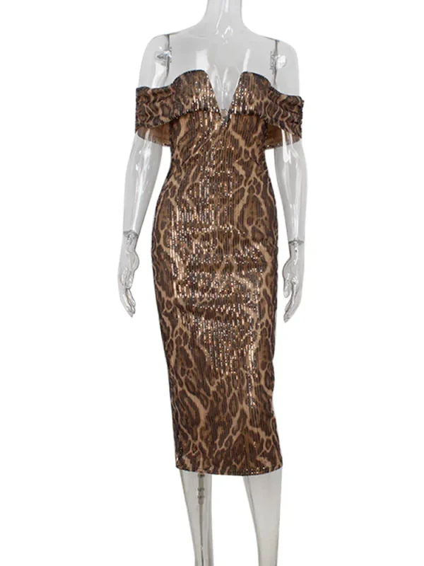 Robe imprimée léopard femme – Bodycon paillettes, col en V