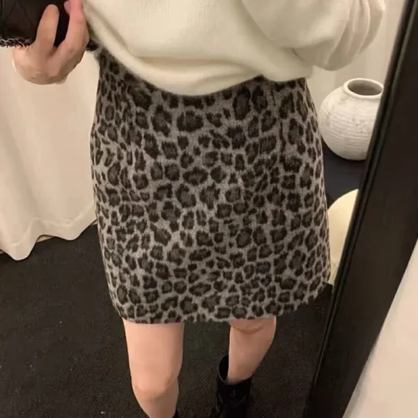 Mini jupe léopard femme hiver – style Y2K rétro épais chaud en laine