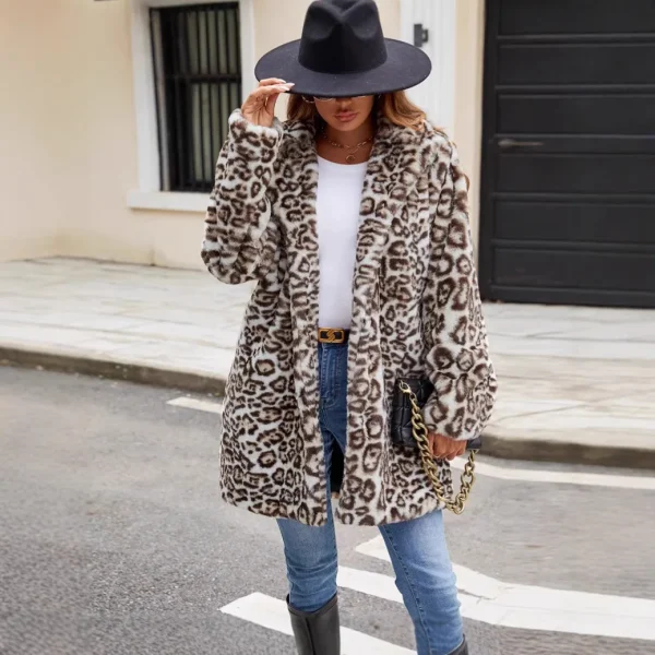 Manteau léopard femme – Fausse fourrure mi-longue chaude et élégante