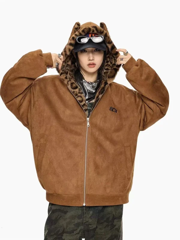 Veste femme léopard à capuche oreilles – Chaude et originale