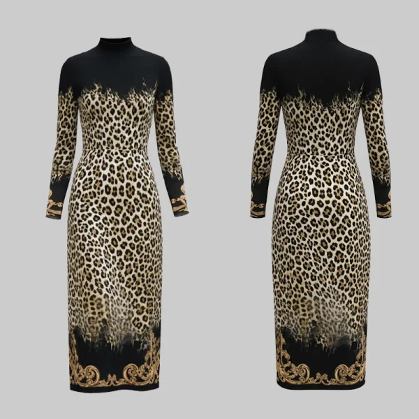 Robe léopard femme vintage – Maxi à manches longues et taille haute