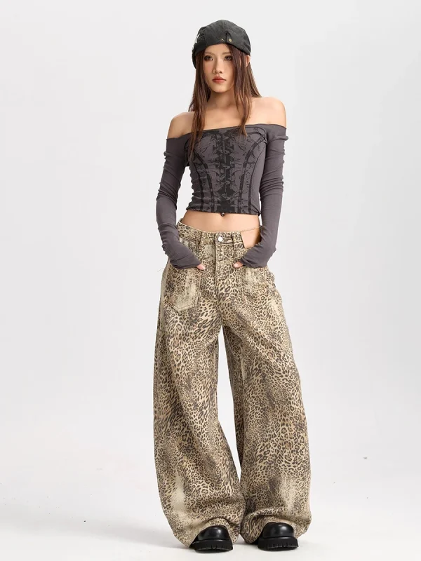 Pantalon léopard femme cargo – taille haute large coupe streetwear