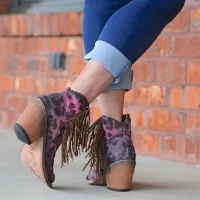 Bottines Léopard Femme Roses à Franges