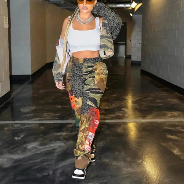 Pantalon Cargo Léopard Patchwork Camouflage