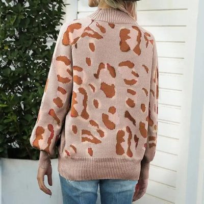 Pull Léopard Col Cheminé Beige