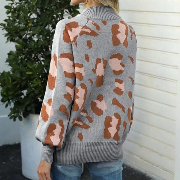 Pull Léopard Col Cheminé Gris