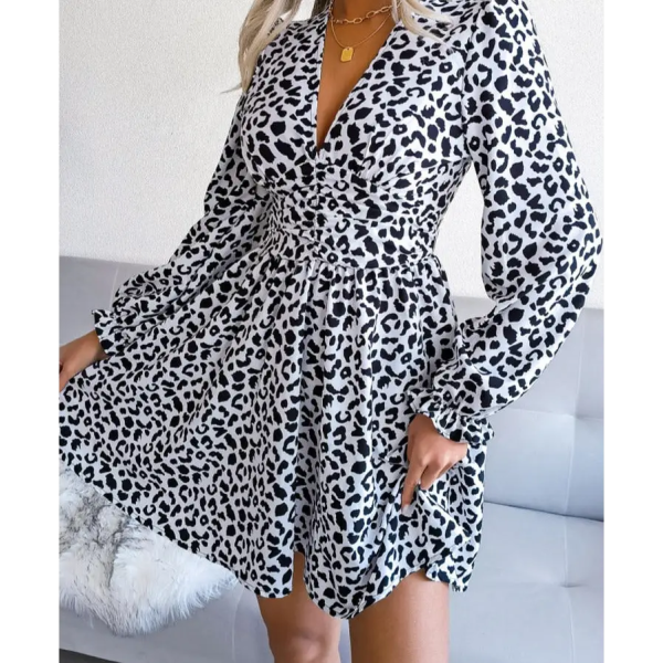 Robe Léopard Courte Manches Lanternes Blanche