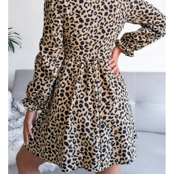 Robe Léopard Courte Manches Lanternes Kaki