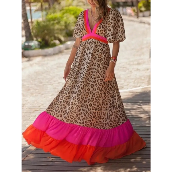 Robe Léopard Longue Bohème Chic Rouge