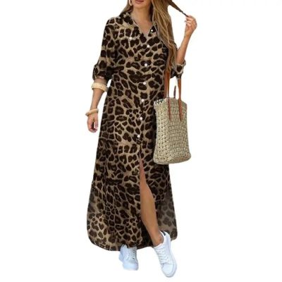 Robe Longue Léopard Café Manches Longues
