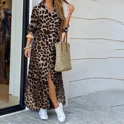 Robe Longue Léopard Kaki Manches Longues