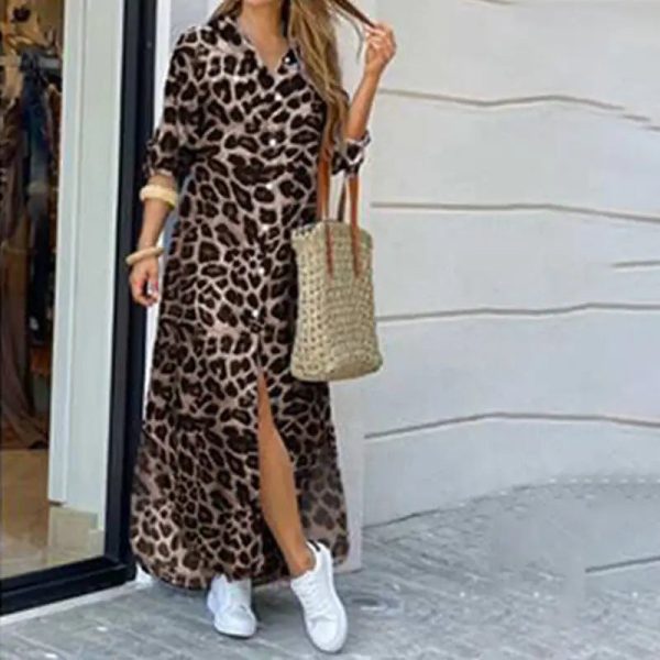Robe Longue Léopard Kaki Manches Longues