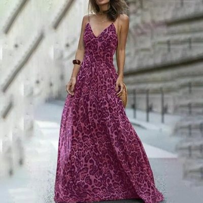 Robe Longue Léopard Romantique Rose