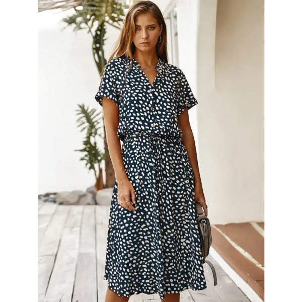 Robe Mi-Longue Bohème Motif Léopard Bleu Marine