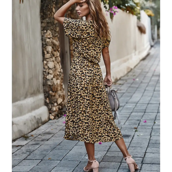 Robe Mi-Longue Bohème Motif Léopard Kaki